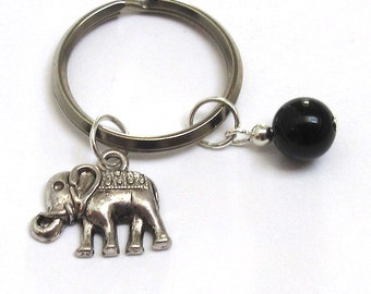 Elephant Charm Key Ring Pendant, Gold Luck Gift, Meaningful Inspiring Good Luck Symbol Onyx Healing Crystal, Lanyard Talisman Gift for Her