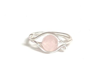 Rose Quartz Ring, Anniversary Gift for Women, Celtic Ring, Promise Ring for Girlfriend Heart Chakra Healing Stone, Evil Eye Wire Wrap Ring