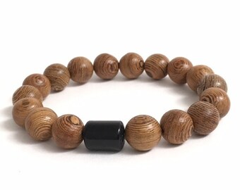 Men Wood Bracelet, Obsidian Stones & Sandalwood Yoga Worry Beads, Mala Bracelet, Wellness Meditaion Sobriety Recovery Inspirational Jewelry