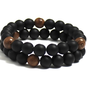 Men Bracelet, Birthday Gift for Boyfriend, Matte Onyx, Sandalwood Stretch Wrist Mala Bracelet, Chakra Healing Stone Success Strength Jewelry