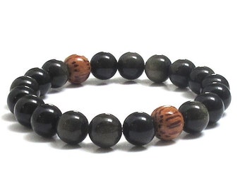 Rainbow Obsidian Stones Bracelet with Palm Wood Beads, Men Jewelry Mala Bracelet for Protection, Stress  Relief Jewelry, Grounding Bracelet