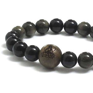Men Bracelet, Obsidian Stone & Sandalwood Engraved Buddha in Lotus Guru Worry Beads, Birthday Gift For Men, Meditation Prayer Wrist Bracelet image 1