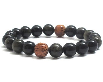 Men Bracelet, Rainbow Obsidian Bracelet, Dragon Stones & Palm Wood Wrist Mala Bracelet, Grounding Protection Jewelry from Negative Energies