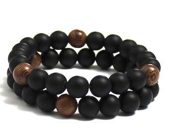 Men Bracelet, Father's Day Gift for Him, Matte Onyx & Sandalwood Stretch Wrist Mala Bracelet, Chakra Healing Stone, Success Strength Jewelry