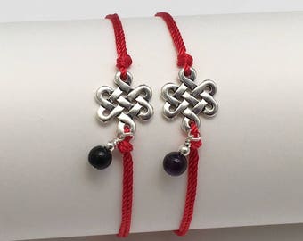 Friendship Bracelets,  Gift Set of 2 Celtic Infinity Knot Pendant Red Silk String Of Fate Couples Bracelets, Amethyst Charm & Obsidian Charm