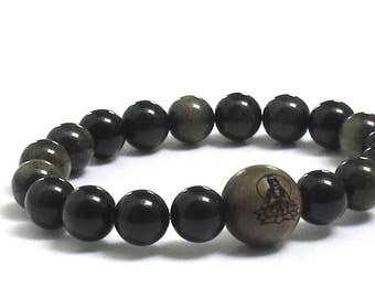 Father's Day Gift, Obsidians Men Mala Bracelet, Balance Focus Calming, Worry Beads, Buddha Lotus Bracelet, Sandalwood Wood Prayer Bracelet