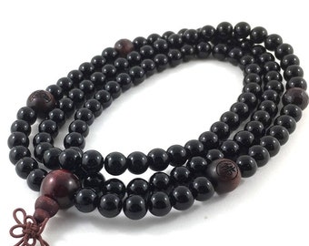 Obsidian Gemstones 108 Japa Mala Bead Necklace with Tiger's Eye & Lotus Buddha Wood Beads for Prayer, Meditation, Yoga Jewelry All Genders