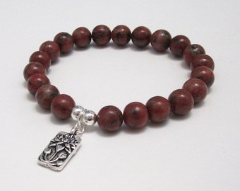 Lotus Charm Red Jasper Bracelet, Meaningful Unique Gift For Buddhist Friend, Wellness Mindfulness Jewelry, Anxiety Calming Stress Bracelet