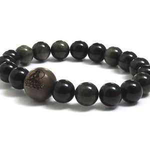 Men Bracelet, Obsidian Stone & Sandalwood Engraved Buddha in Lotus Guru Worry Beads, Birthday Gift For Men, Meditation Prayer Wrist Bracelet image 3