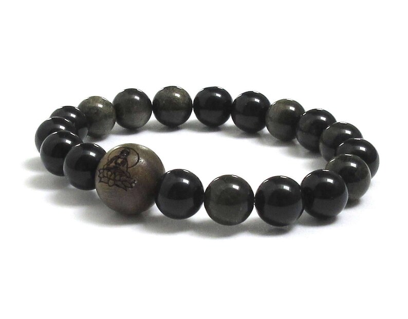 Men Bracelet, Obsidian Stone & Sandalwood Engraved Buddha in Lotus Guru Worry Beads, Birthday Gift For Men, Meditation Prayer Wrist Bracelet image 3