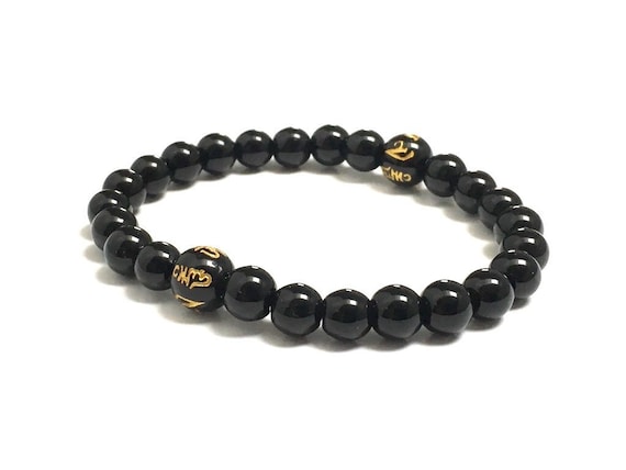Om Mantra Obsidian Gemstone Stretch Mala Bracelet With Engraved