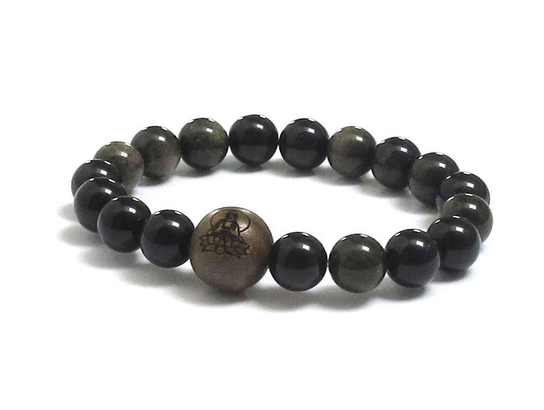 Men Bracelet, Obsidian Stone & Sandalwood Engraved Buddha in Lotus Guru Worry Beads, Birthday Gift For Men, Meditation Prayer Wrist Bracelet image 1