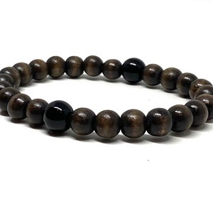 Natural Wood Bracelet & Onyx Stones Wrist Mala Stretch Bracelet, Gift for Husband Worry Beads Anniversary Gift for Boyfriend, Yoga Teacher image 6