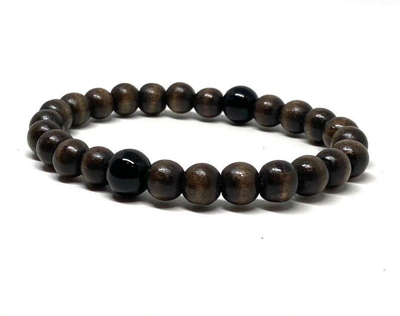 Natural Wood Bracelet & Onyx Stones Wrist Mala Stretch Bracelet, Gift for Husband Worry Beads Anniversary Gift for Boyfriend, Yoga Teacher image 6