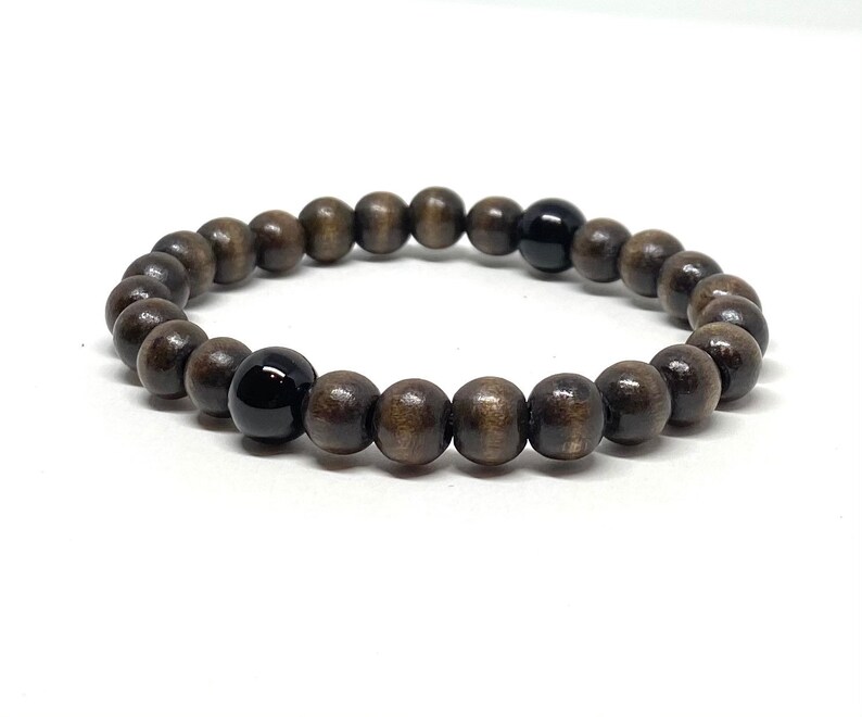 Natural Wood Bracelet & Onyx Stones Wrist Mala Stretch Bracelet, Gift for Husband Worry Beads Anniversary Gift for Boyfriend, Yoga Teacher image 9