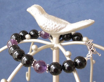 Deep Purple Amazing Amethyst & Onyx Stones Sterling Beads Silver Toggle Bracelet, Elegant Jewelry Chakra Healing February Birthstone Jewelry