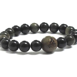 Men Bracelet, Obsidian Stone & Sandalwood Engraved Buddha in Lotus Guru Worry Beads, Birthday Gift For Men, Meditation Prayer Wrist Bracelet image 5