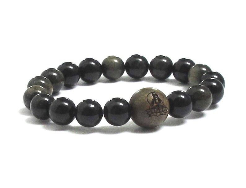 Men Bracelet, Obsidian Stone & Sandalwood Engraved Buddha in Lotus Guru Worry Beads, Birthday Gift For Men, Meditation Prayer Wrist Bracelet image 5