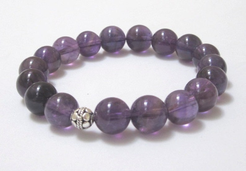 Violet Amethyst Gemstone Bracelet, Healing Crystal Sterling Silver Bead Chakra Bracelet Birthday Gift for Her, February Birthstone Jewelry image 1