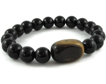 Men Beaded Bracelet, Chunky Tiger Eye, Onyx Chakra Stones Mala Bracelet, Father's Day Gift For Husband, Strength Protection Talisman Jewelry