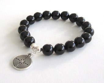 Bracciale con pietre di onice e ciondolo labirinto in argento e perline in argento sterling, bracciale elastico Mala unisex per uomo e donna, regalo unisex