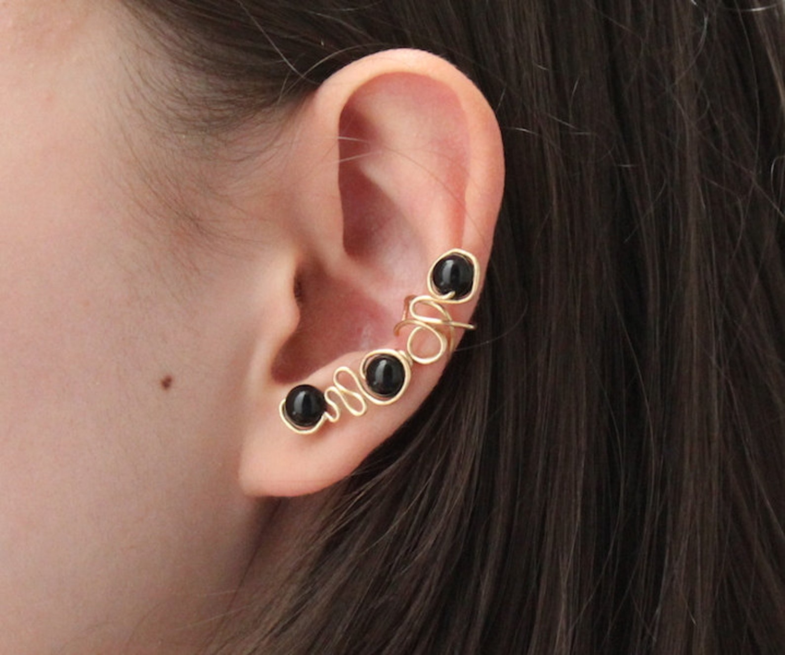Ear Climber Ear Cuff Gold Brass Wire Onyx Stone Ear Cuff Etsy