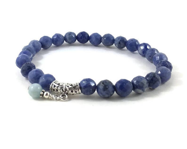 Aquamarine Bracelet, Sterling Silver Floral Butterfly Motive Charm Bracelet, Sodalite Stone Mala Bracelet, Anniversary Gift For Her Mother image 1