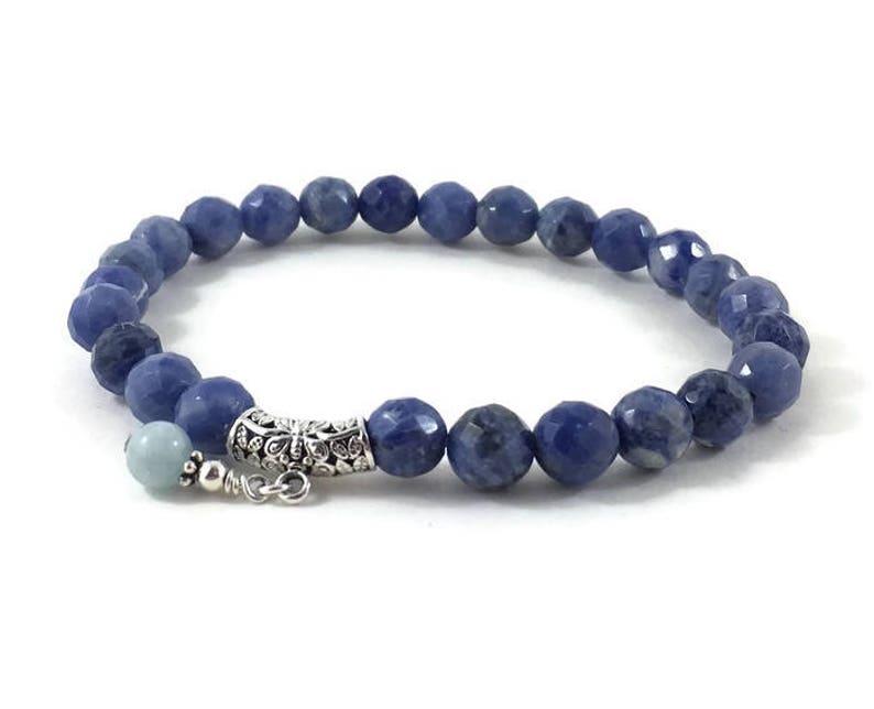 Aquamarine Bracelet, Sterling Silver Floral Butterfly Motive Charm Bracelet, Sodalite Stone Mala Bracelet, Anniversary Gift For Her Mother image 5