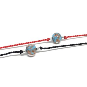Turquoise Blue Italian Murano Glass Beads & Black Silk Red String of Fate Promise Couples Bracelets Anklet, Bridal Shower, Bridesmaids Gift