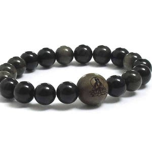 Men Bracelet, Obsidian Stone & Sandalwood Engraved Buddha in Lotus Guru Worry Beads, Birthday Gift For Men, Meditation Prayer Wrist Bracelet image 4