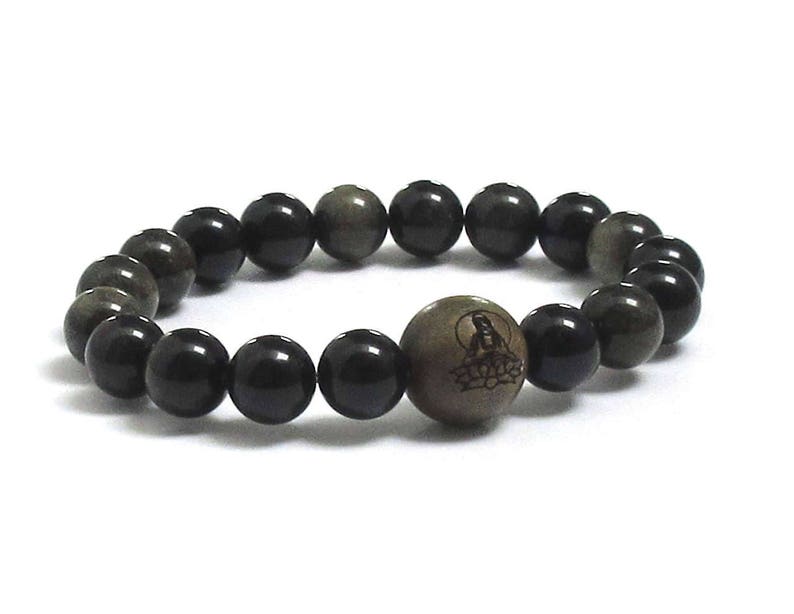 Men Bracelet, Obsidian Stone & Sandalwood Engraved Buddha in Lotus Guru Worry Beads, Birthday Gift For Men, Meditation Prayer Wrist Bracelet image 4