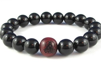 Onyx Edelsteine Mala Armband mit Buddha Lotus Holzperle, Meditation, Gebet Yoga Sorgenperlen, Einzigartiges Stretch Armband für Männer und Frauen