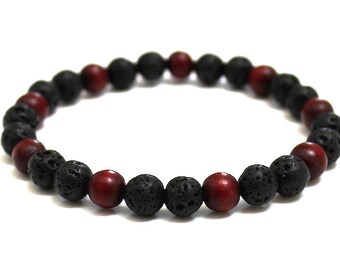Pulsera elástica de piedra volcánica y cuentas de madera roja, difusor de aceites esenciales, regalo para hombre.