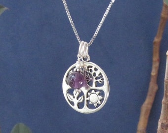 Collana con ciondolo Quattro Stagioni, con pietra preziosa di ametista e ciondolo in argento tibetano, regalo per lei, ultimo pezzo