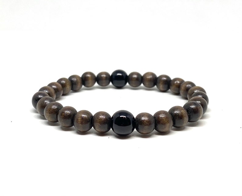 Natural Wood Bracelet & Onyx Stones Wrist Mala Stretch Bracelet, Gift for Husband Worry Beads Anniversary Gift for Boyfriend, Yoga Teacher image 7