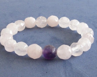 Bracelet en quartz rose et améthyste violette, bracelet de fertilité, bijoux avec pierre de naissance, cristaux de guérison, bijoux pour chakra du coeur, cadeau d'anniversaire pour elle