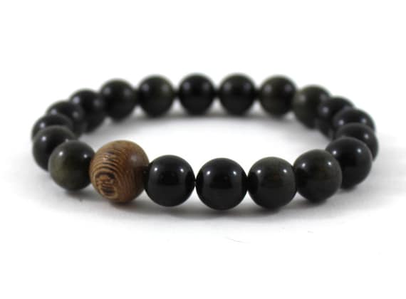 Obsidian Gemstones and Sandalwood Wood Bead Stretch Bracelet For Men, Mala Bracelet, Talisman Protection Jewelry