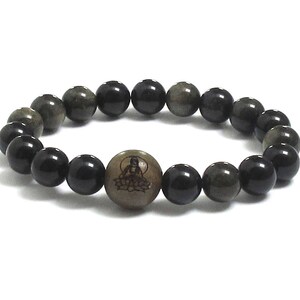 Men Bracelet, Obsidian Stone & Sandalwood Engraved Buddha in Lotus Guru Worry Beads, Birthday Gift For Men, Meditation Prayer Wrist Bracelet image 2