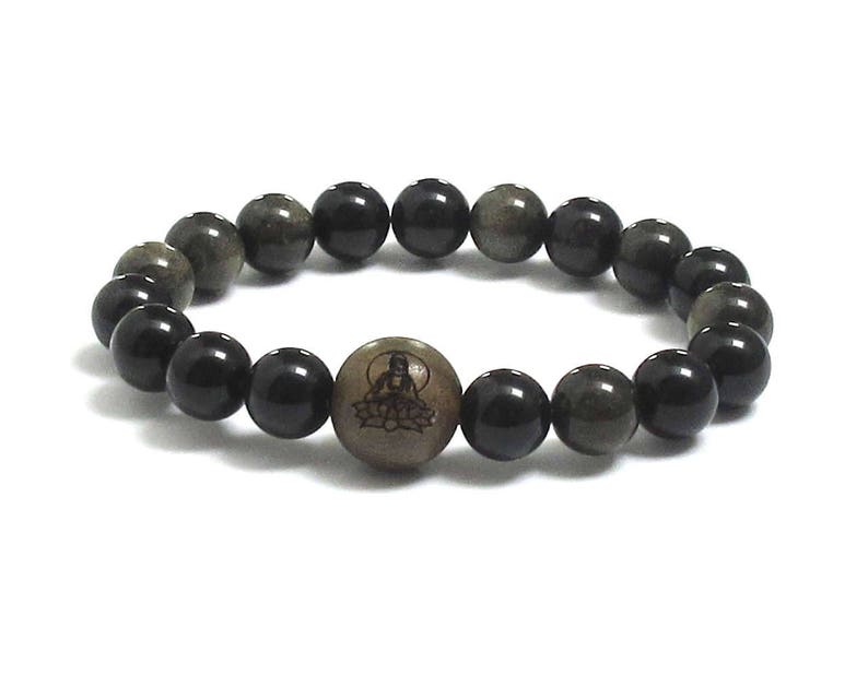 Men Bracelet, Obsidian Stone & Sandalwood Engraved Buddha in Lotus Guru Worry Beads, Birthday Gift For Men, Meditation Prayer Wrist Bracelet image 2