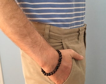 Mahogany Wood Beads & Onyx Gemstones Mala Bracelet: Boho Meditation Worry Beads For Him