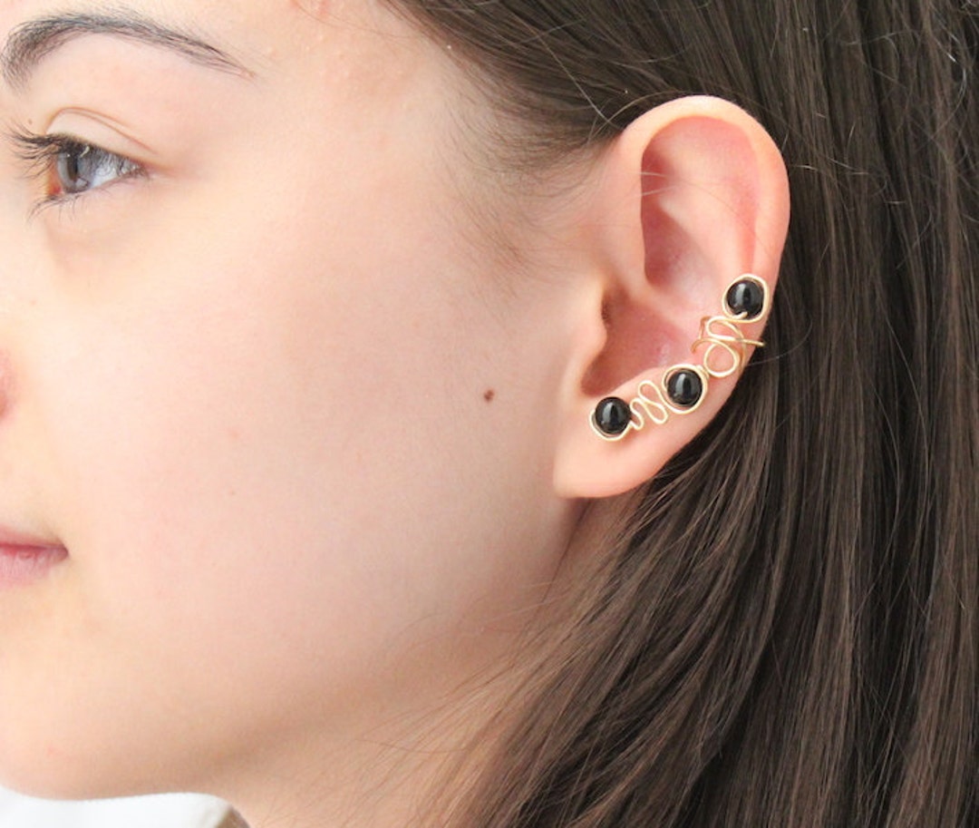 Ear Climber Ear Cuff Gold Brass Wire Onyx Stone Ear Cuff Etsy
