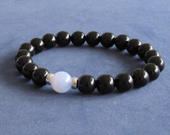 Braccialetto elastico Mala con pietre preziose di agata e onice blu: gioielli con pietre preziose rilassanti, regalo di gioielli da sposa, qualcosa di blu per la sposa