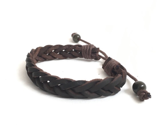 Dark Brown Braided Leather Men Bracelet and Golden Obsidian