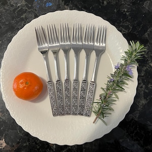 Vintage Wiltshire Burgundy Dessert Forks Set of 6: Retro 1970s Stainless Steel Quality Australian Cutlery