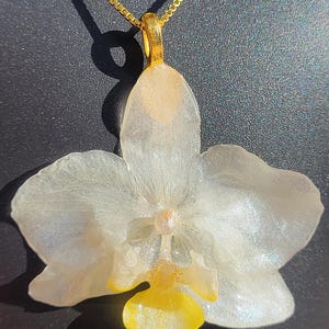 May include: A pendant shaped like an orchid flower with translucent white petals featuring a subtle pearlescent shimmer. The center of the flower displays a bright yellow lip and a small pale pink column. The pendant hangs from a gold-toned chain.