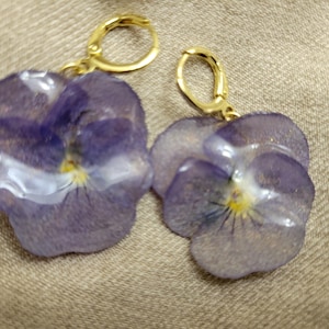 May include: A pair of earrings featuring pressed purple pansy flowers encased in a clear, glossy resin. Each flower has a yellow center and is attached to a gold-toned metal hoop clasp. The petals show natural veining and translucent purple hues.