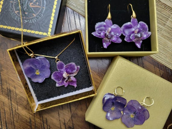 Real Orchid or Pansy Necklace and Earrings, 18K Gold Plated chain. Gift ready.