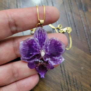 May include: A pendant necklace featuring a preserved purple orchid flower with white edges and a dark center, suspended from a thin gold-tone chain. The orchid petals have a glossy, resin-like finish, showcasing natural veining and color gradients.