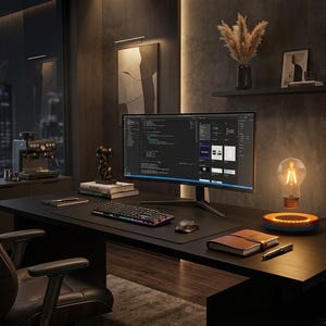 May include: A dark home office setup featuring a wide computer monitor displaying code, a mechanical keyboard, a computer mouse, a brown leather notebook, a pen, and a levitating light bulb lamp with a glowing filament on a black desk.
