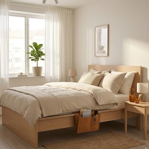 Könnte beinhalten: Ein Bettgestell aus hellem Eichenholz mit beigem Bettbezug und passenden Kissen. Eine beige Filztasche zur Aufbewahrung hängt an der Seite des Rahmens. Ein kleiner Nachttisch aus Holz mit Lampe und bernsteinfarbenen Glasobjekten.